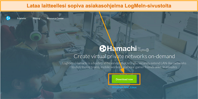 Kuvakaappaus LogMeIn Hamachi -ohjelmiston lataussivusta
