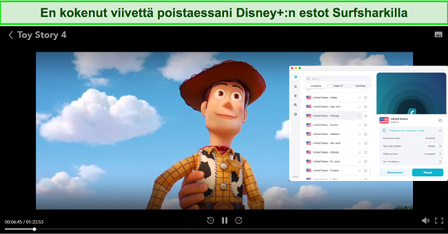 Kuvakaappaus Toy Story 4:n suoratoistosta Disney+:ssa Surfsharkin ollessa kytkettynä yhdysvaltalaiseen palvelimeen