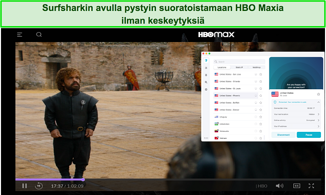 Kuvakaappaus Game of Thronesin suoratoistosta HBO Maxissa ja Surfsharkissa yhdistettynä yhdysvaltalaiseen palvelimeen