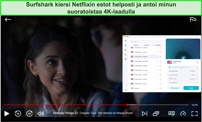 Kuvakaappaus Stranger Thingsistä, joka toistetaan Netflixissä Surfsharkin ollessa kytkettynä yhdysvaltalaiseen palvelimeen
