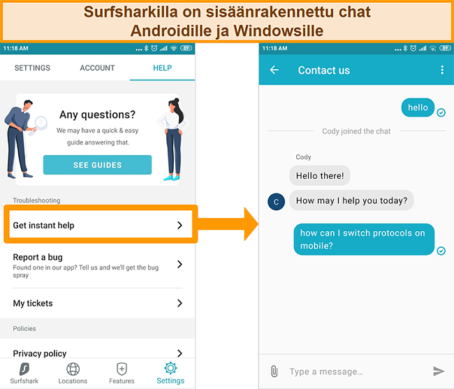 Näyttökuva Surfsharkin sisäänrakennetusta live-chat-ominaisuudesta Android-sovelluksessa