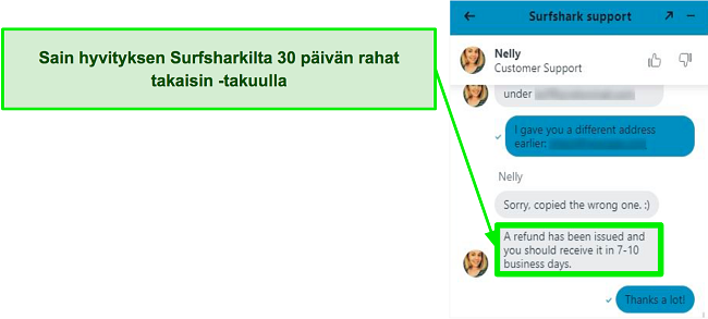 Kuvakaappaus Surfsharkin live-chatista ja hyvityspyynnöstä