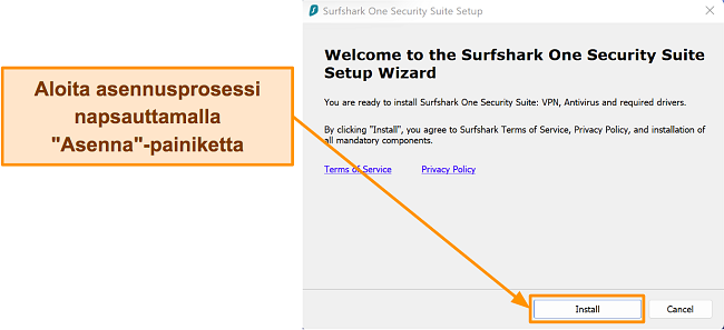 Kuvakaappaus Surfsharkin asennusprosessista ohjatun asennustoiminnon avulla