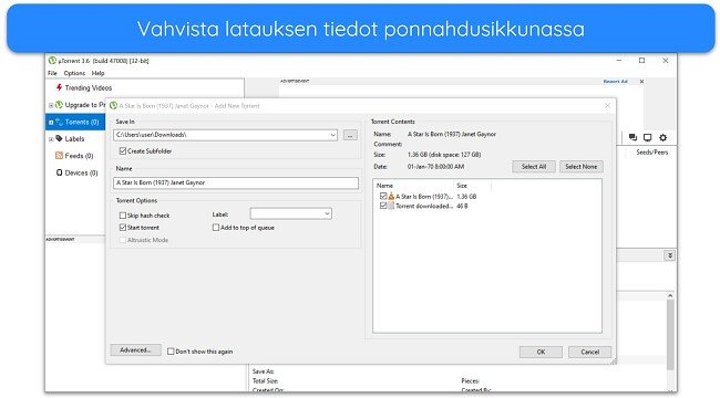 Kuvakaappaus lataustietojen ponnahdusikkunasta uTorrentissa