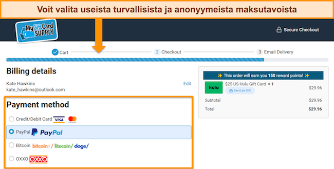 Kuva MyGiftCardSupplyn maksuvaihtoehdoista