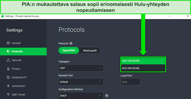 kuvakaappaus PIA:n Windows-sovelluksesta, jossa korostetaan mukautettavaa salausvaihtoehtoa