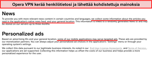 Näyttökuva Opera VPN: n tietosuojakäytännöstä, jossa se kirjaa käyttäjien henkilökohtaiset tiedot ja lähettää kohdistettuja mainoksia