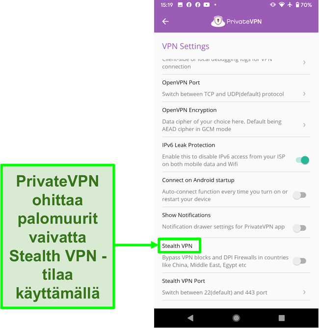 Näyttökuva PrivateVPN Android -sovelluksesta, joka näyttää Stealth VPN -ominaisuuden, joka auttaa ohittamaan VPN-estot