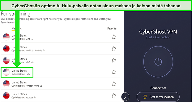 Näyttökaappaus CyberGhostin suoratoistopalvelinvalikosta, jossa näkyy Hulu-optimoitu palvelin.