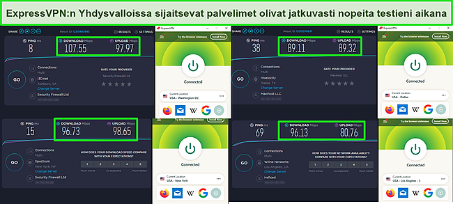 Kuvakaappaus neljästä ExpressVPN-nopeustestistä yhdistettynä eri palvelimiin Yhdysvalloissa.