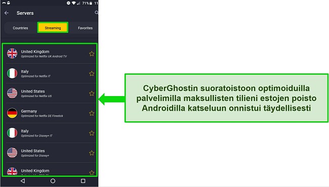 Näyttökaappaus CyberGhostin suoratoistopalvelinvalikosta Androidissa