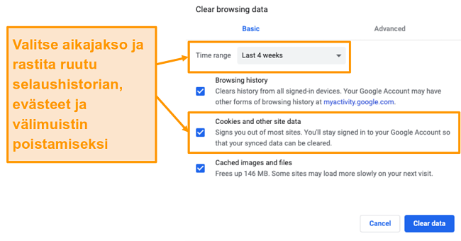 Näyttökuva välimuistin ja selaushistorian tyhjentämisestä Google Chromessa