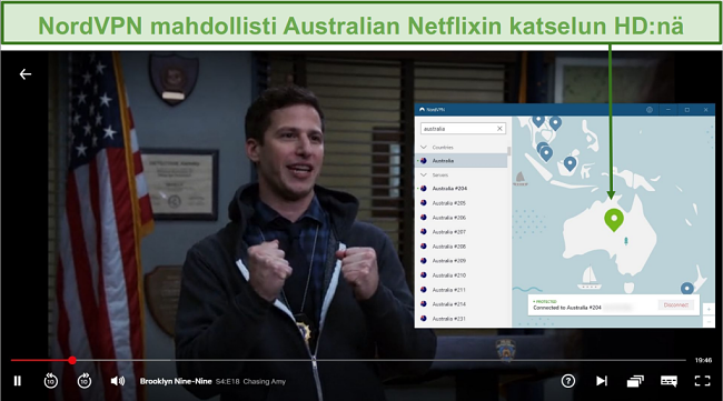 Näyttökuva NordVPN: n lukituksen avaamisesta Netflix Australiaan pelattaessa Brooklyn Nine-Nine -peliä