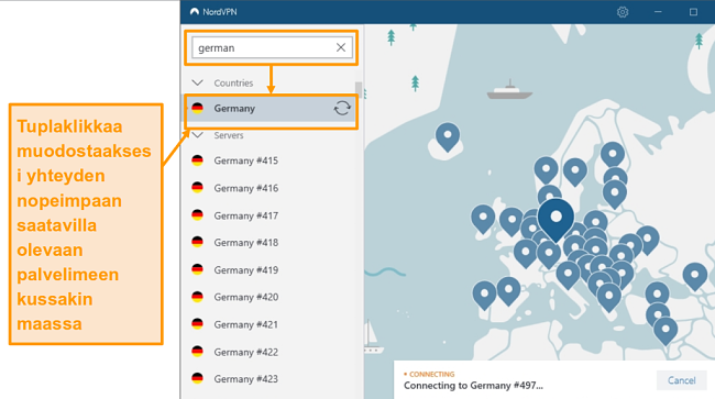 Näyttökuva NordVPN Germany -palvelimen valinnasta