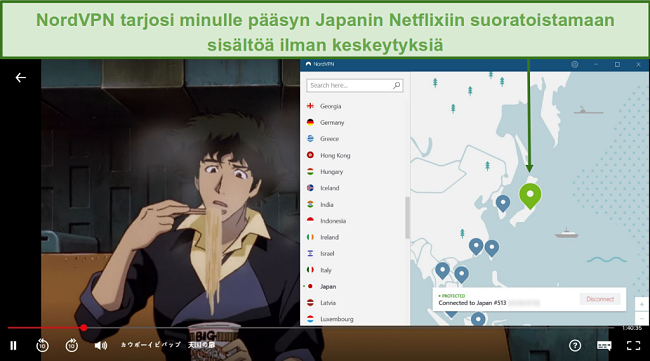 Näyttökuva NordVPN: n lukituksen avaamisesta Netflix Japanissa pelattaessa Cowboy Bebopia