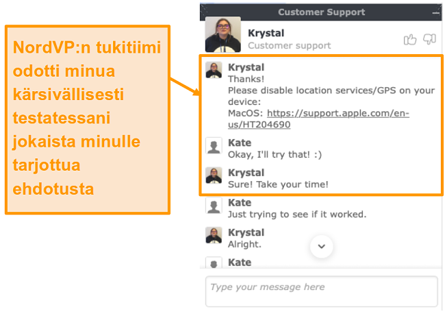 Näyttökuva NordVPN-asiakastuen live-chat-ominaisuudesta