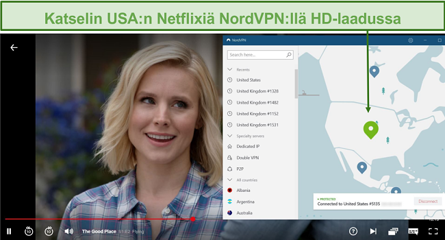 Näyttökuva The Good Place-suoratoistosta Netflixissä, kun NordVPN on kytketty yhdysvaltalaisiin palvelimiin