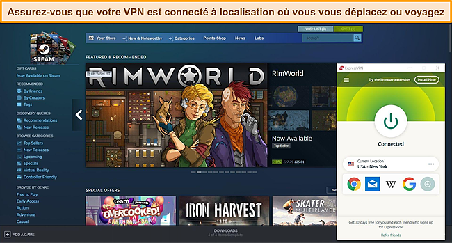 Capture d'écran du tableau de bord Steam avec ExpressVPN connecté à un serveur américain.