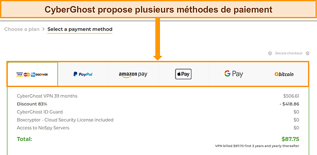 Capture d'écran des méthodes de paiement de CyberGhost.