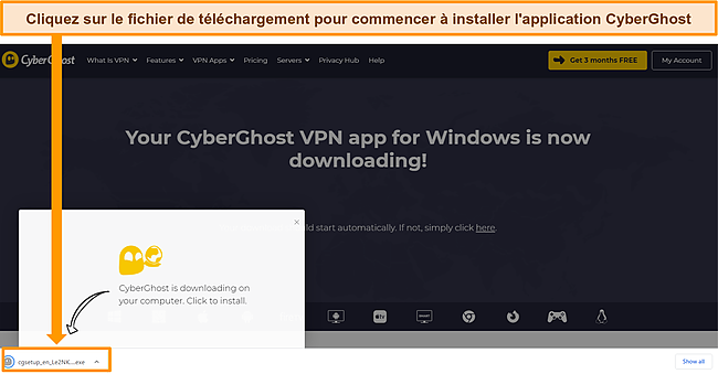 Capture d'écran de l'application CyberGhost en cours de téléchargement sur un appareil Windows.