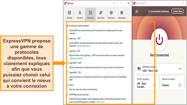 Capture d'écran de l'application Windows d'ExpressVPN avec sa liste de protocoles en surbrillance.