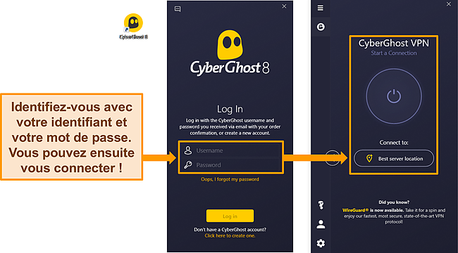 Capture d'écran de l'application Windows de CyberGhost avec la section nom d'utilisateur et mot de passe en surbrillance.