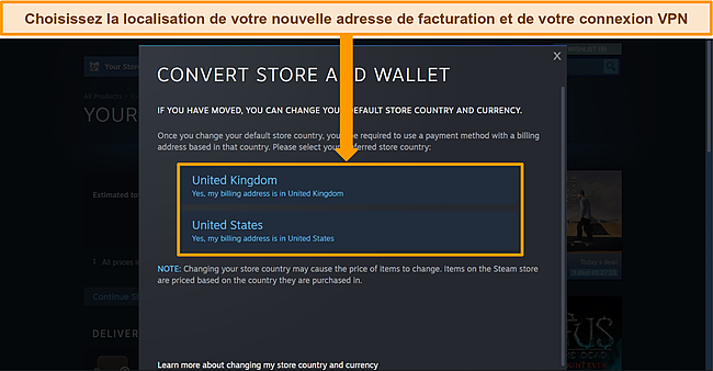 Capture d'écran du menu « Convertir le magasin et le portefeuille » de Steam avec les options d'emplacement mises en évidence.