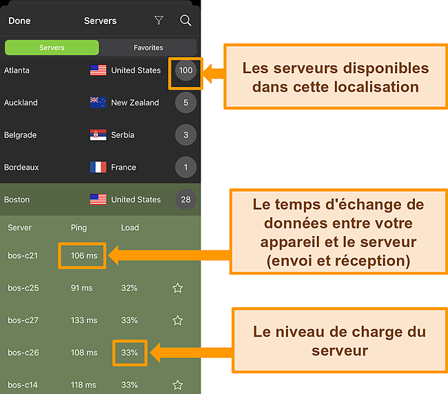 Capture d'écran de l'application IPVanish iOS avec les informations du serveur mises en évidence.