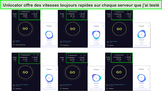 Capture d'écran des tests de vitesse lors de l'utilisation d'Unlocator VPN.