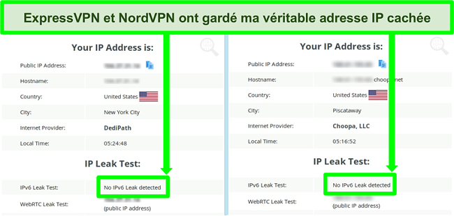 Capture d'écran montrant aucune fuite IPv6 détectée pour NordVPN et ExpressVPN