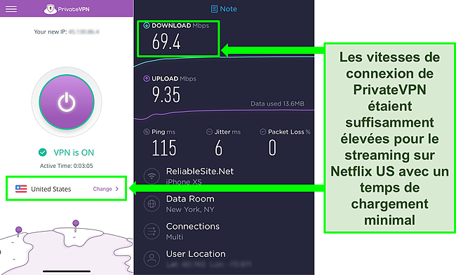 Capture d'écran de PrivateVPN connecté à un serveur américain, plus le résultat d'un test de vitesse Ookla.