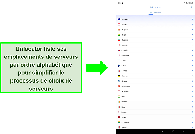 Capture d'écran des emplacements des serveurs disponibles sur Unlocator VPN.