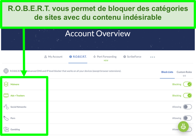 Capture d'écran de la page des paramètres de Winscribe affichant des options pour bloquer les publicités, les logiciels malveillants et les catégories de sites Web