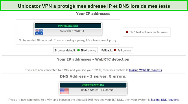 Capture d'écran des résultats du test de fuite lors de l'utilisation d'Unlocator VPN.