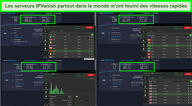Capture d'écran des tests de vitesse IPVanish sur le bureau.