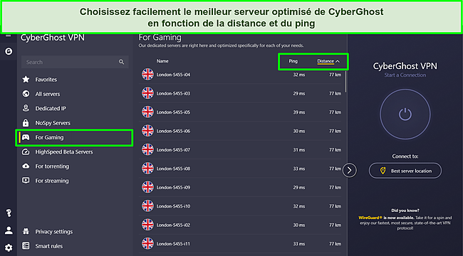Capture d'écran des serveurs de jeux dédiés de CyberGhost avec les options de ping et de tri à distance mises en évidence.