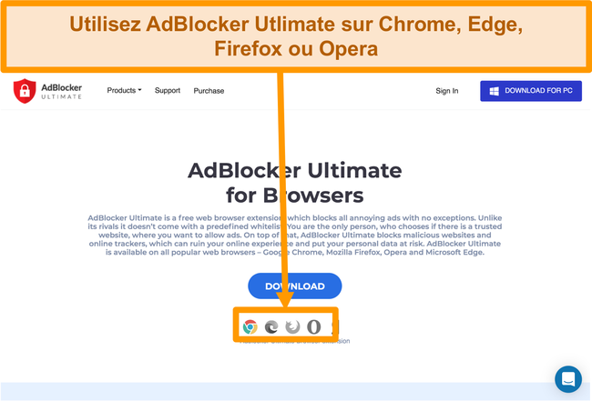 Capture d'écran du site Web AdBlocker Ultimate affichant les 4 extensions de navigateur Web disponibles