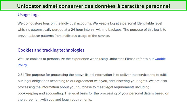 Capture d'écran de la politique de confidentialité d'Unlocator VPN, montrant qu'il enregistre temporairement des données telles que votre véritable adresse IP.