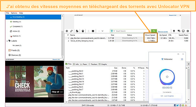 Capture d'écran montrant Unlocator VPN a produit des vitesses décentes lors du torrent avec le serveur P2P en Espagne.