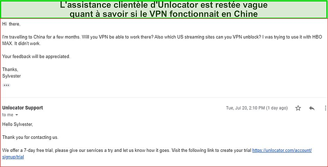 Capture d'écran de ma conversation par e-mail avec le représentant de l'assistance Unlocator VPN.