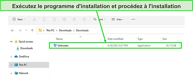 Capture d'écran montrant Unlocater dans le dossier des téléchargements du PC.