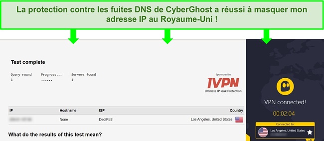Capture d'écran d'un test de fuite DNS en étant connecté à CyberGhost