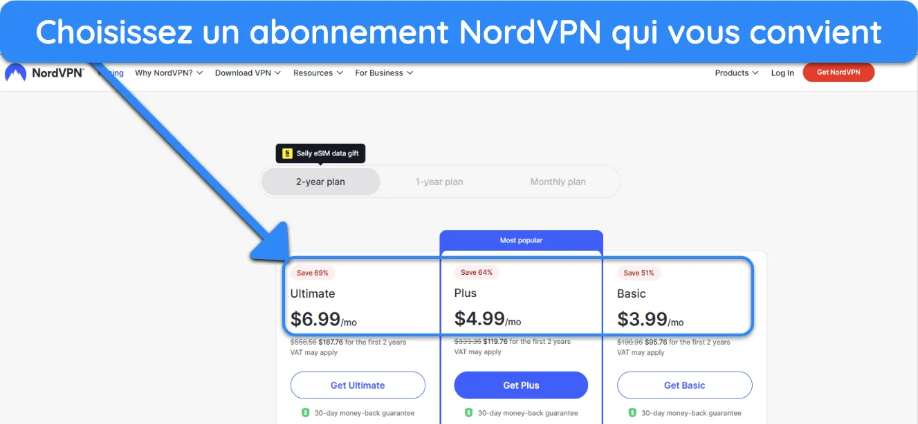 Capture d'écran montrant comment choisir un abonnement NordVPN.