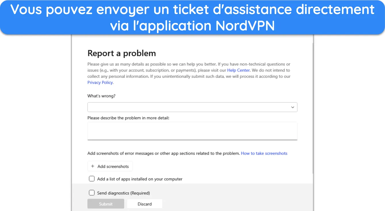 Capture d'écran de la fonction de billetterie disponible dans les applications de NordVPN.
