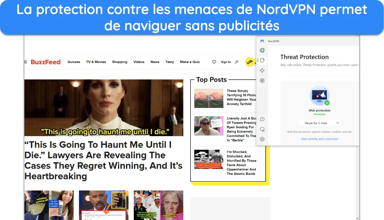 Capture d'écran de la protection contre les menaces de NordVPN bloquant les publicités sur BuzzFeed.