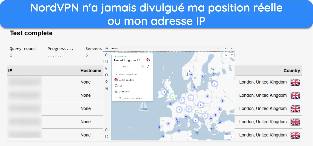 Capture d'écran d'un résultat de test de fuite lors de la connexion à NordVPN.