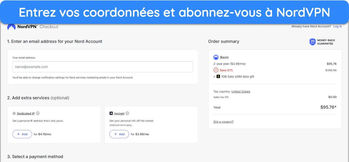 Capture d'écran montrant comment s'abonner à NordVPN après avoir choisi un forfait.