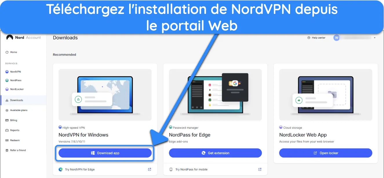 Capture d'écran montrant comment obtenir la configuration de NordVPN à partir de son portail Web.