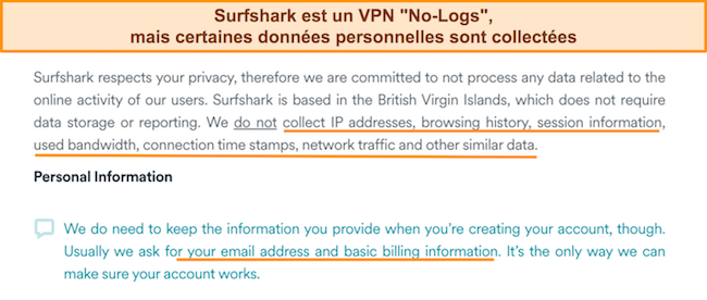 Capture d'écran de la politique de confidentialité de Surfshark