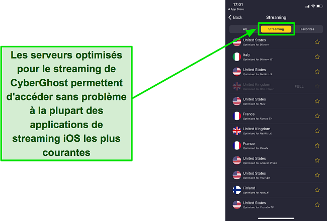 Une capture d'écran des serveurs optimisés pour le streaming de CyberGhost